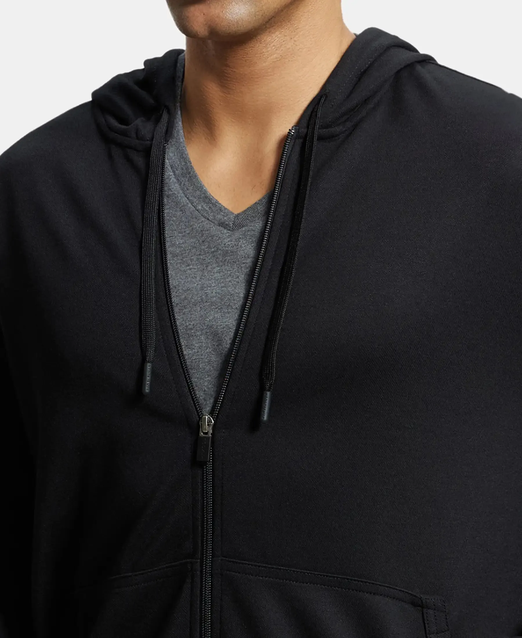 Super Combed Cotton Rich Pique Hoodie Jacket with Ribbed Cuffs - Black