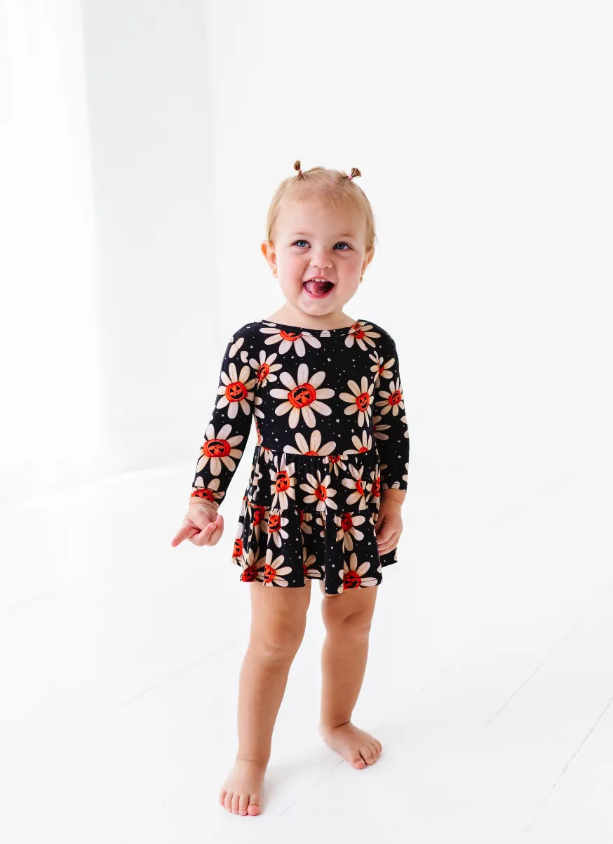 The Sleepy Sloth Gourdgeous Blooms Fall Pumpkin Halloween Print Girls Tiered Bodysuit Twirlie Dress