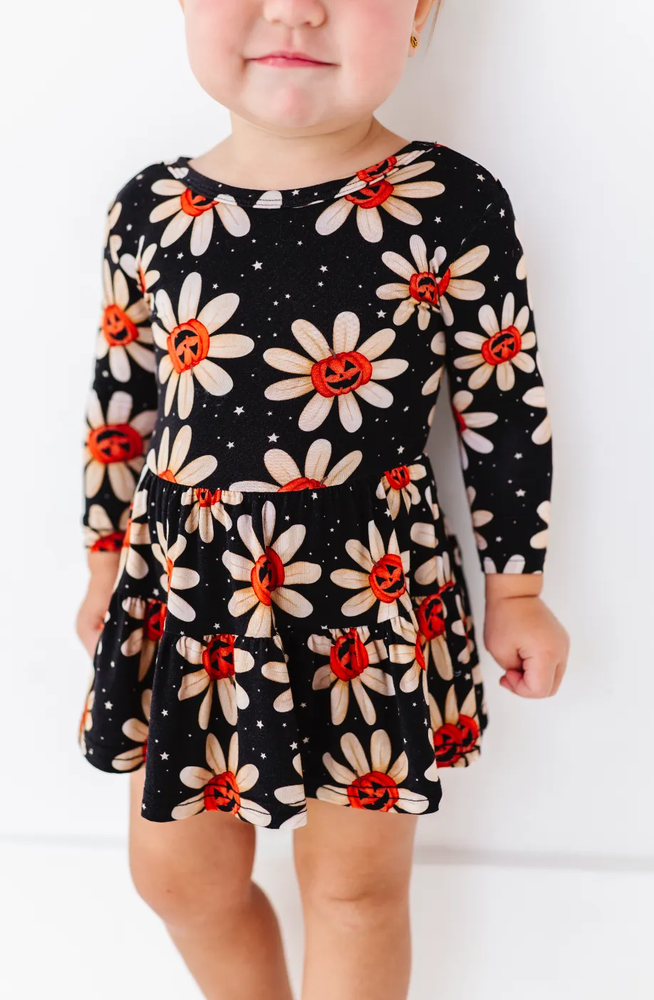 The Sleepy Sloth Gourdgeous Blooms Fall Pumpkin Halloween Print Girls Tiered Bodysuit Twirlie Dress