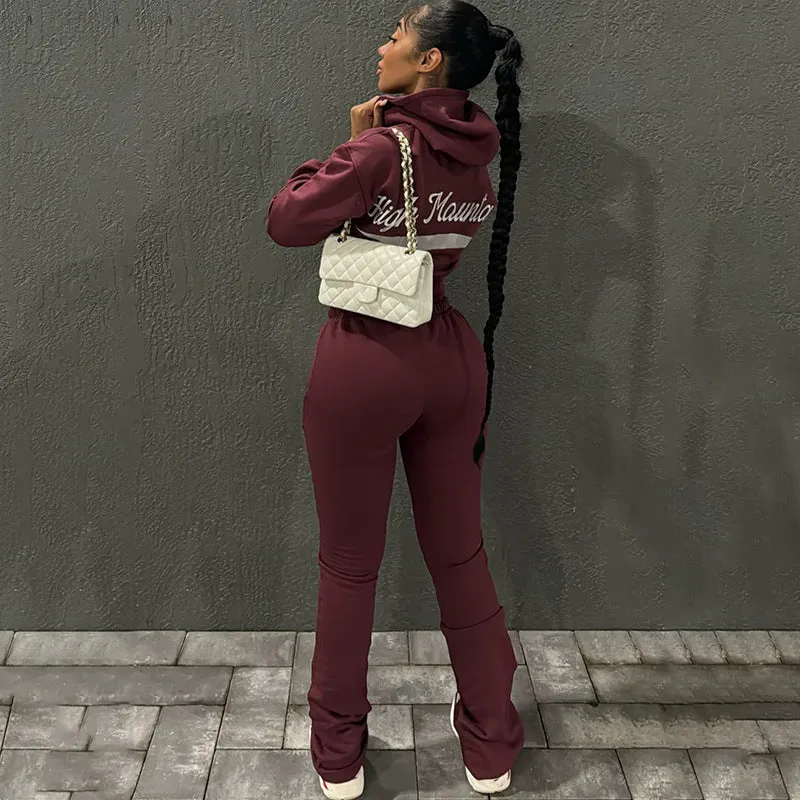 Trendy Embroidered Hooded Hoodie and High-Waist Slim Trousers Two-Piece Set
