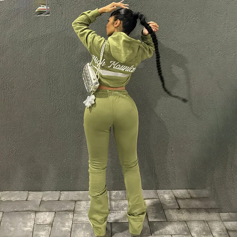 Trendy Embroidered Hooded Hoodie and High-Waist Slim Trousers Two-Piece Set