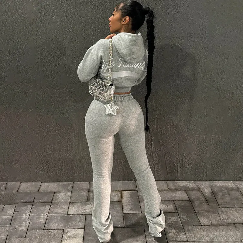 Trendy Embroidered Hooded Hoodie and High-Waist Slim Trousers Two-Piece Set