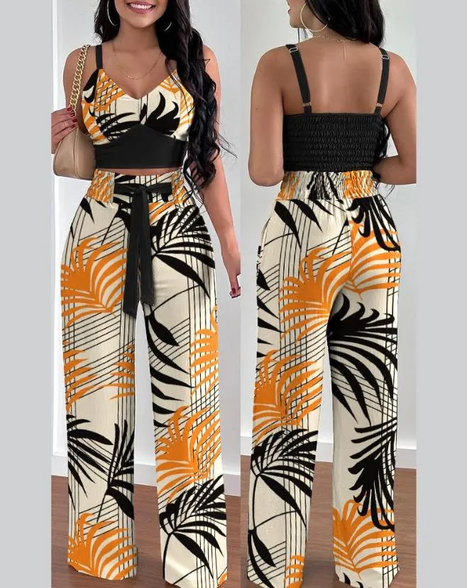 Two Piece Sets Women Outifit 2023 Fashion Tropical Print V-Neck Sleeveless Shirred Crop Top & Casual High Waist Pocket Pants Set