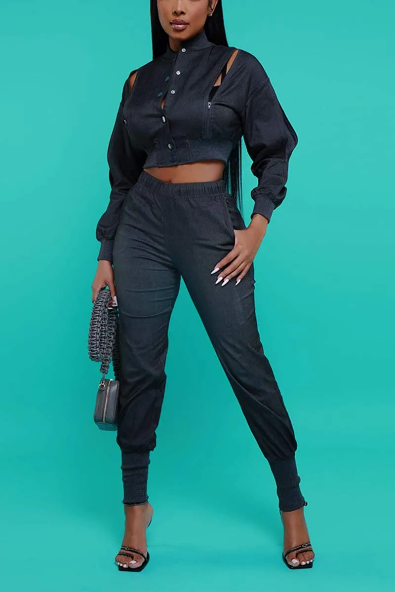UH794 Crop Button Jacket and Pants Set