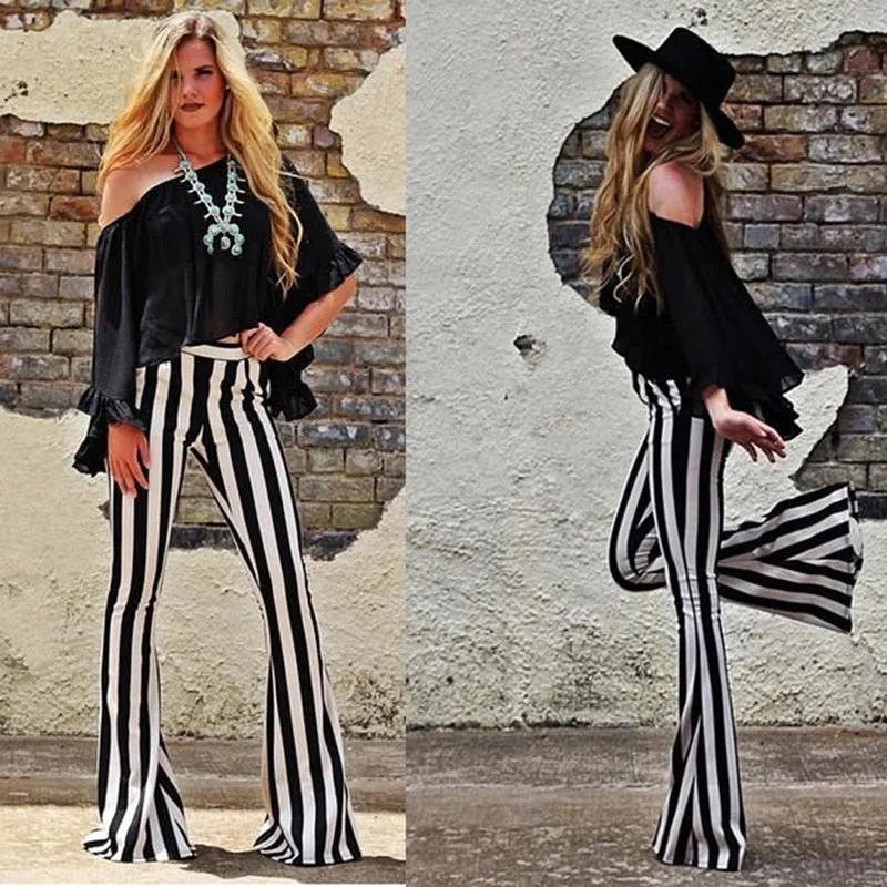 Vertical Striped Slim Fitted Long Flare Pants Stretchy Leggings Bell Bottom Gothic