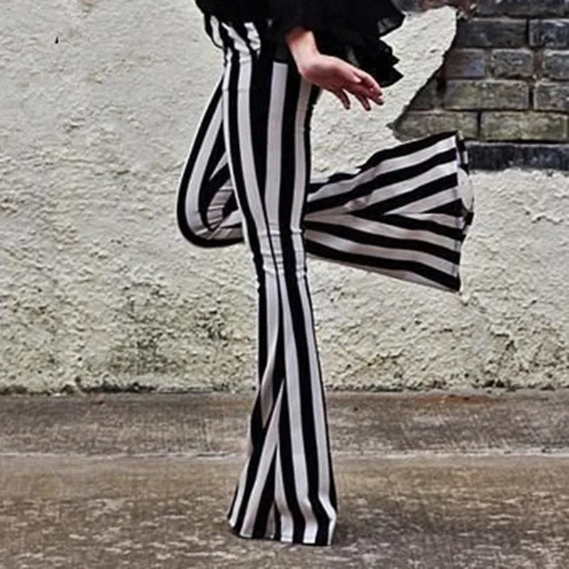 Vertical Striped Slim Fitted Long Flare Pants Stretchy Leggings Bell Bottom Gothic