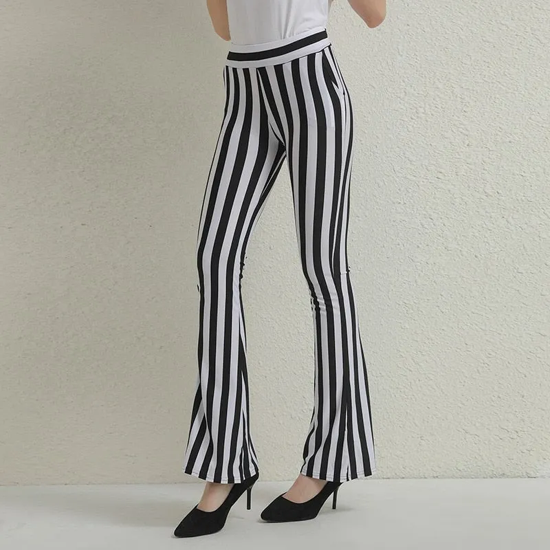 Vertical Striped Slim Fitted Long Flare Pants Stretchy Leggings Bell Bottom Gothic