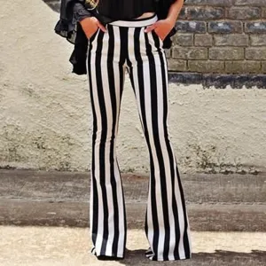 Vertical Striped Slim Fitted Long Flare Pants Stretchy Leggings Bell Bottom Gothic
