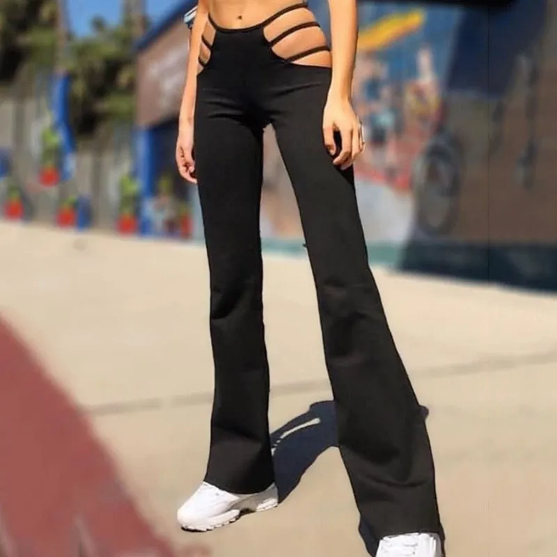Vertical Striped Slim Fitted Long Flare Pants Stretchy Leggings Bell Bottom Gothic