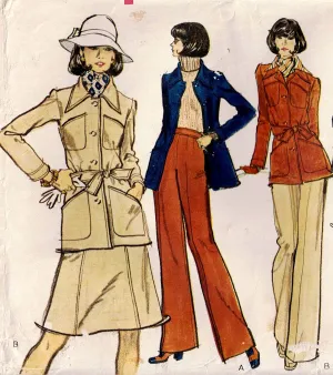 Very Easy Vogue 8474 Womens Wide Lapel Jacket Flared Pants & Skirt 1970s Vintage Sewing Pattern Size 12 Bust 34 Inches