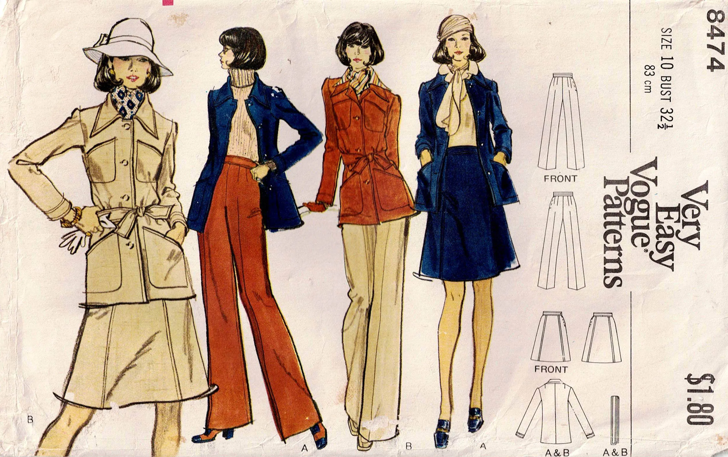 Very Easy Vogue 8474 Womens Wide Lapel Jacket Flared Pants & Skirt 1970s Vintage Sewing Pattern Size 12 Bust 34 Inches