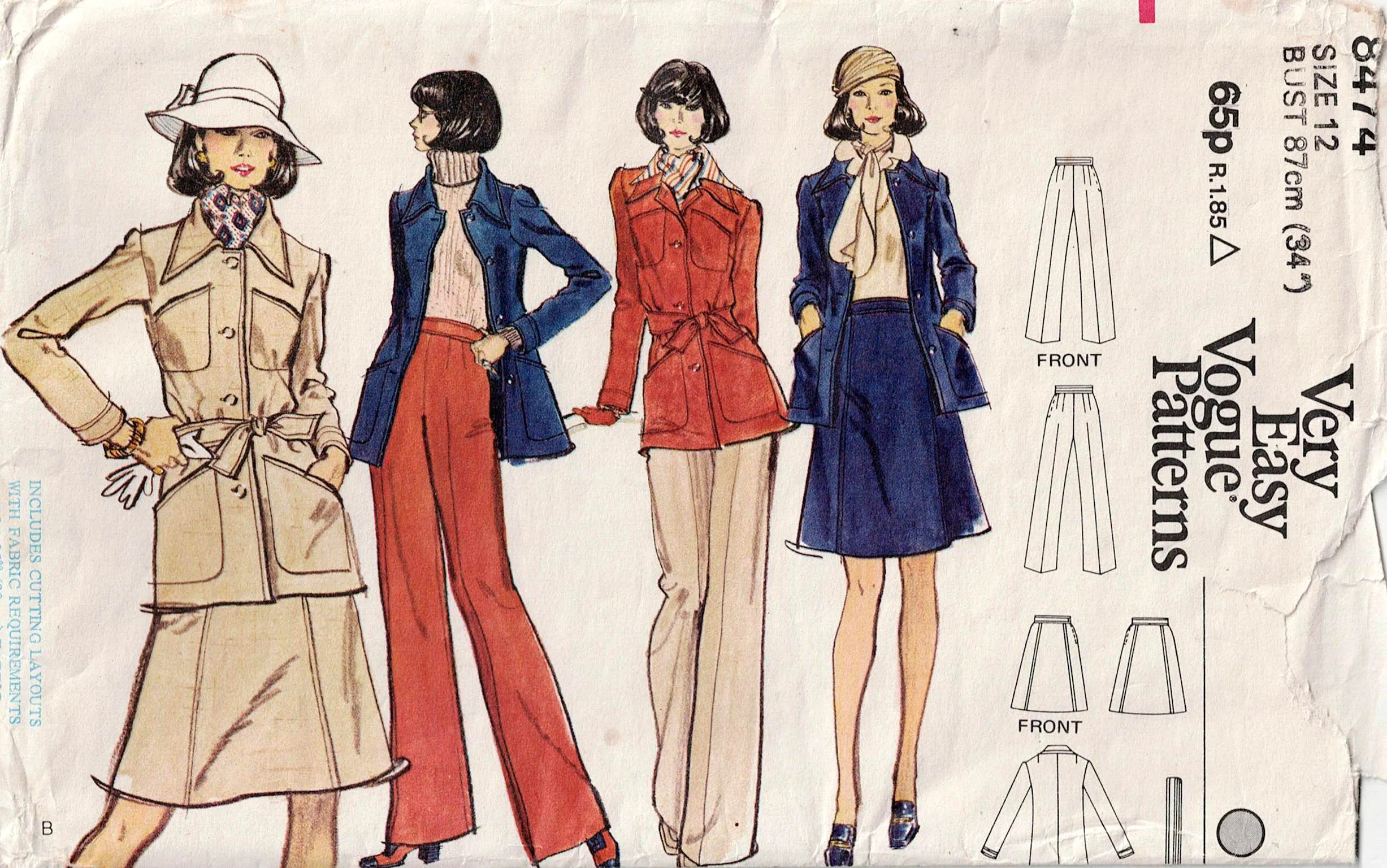 Very Easy Vogue 8474 Womens Wide Lapel Jacket Flared Pants & Skirt 1970s Vintage Sewing Pattern Size 12 Bust 34 Inches