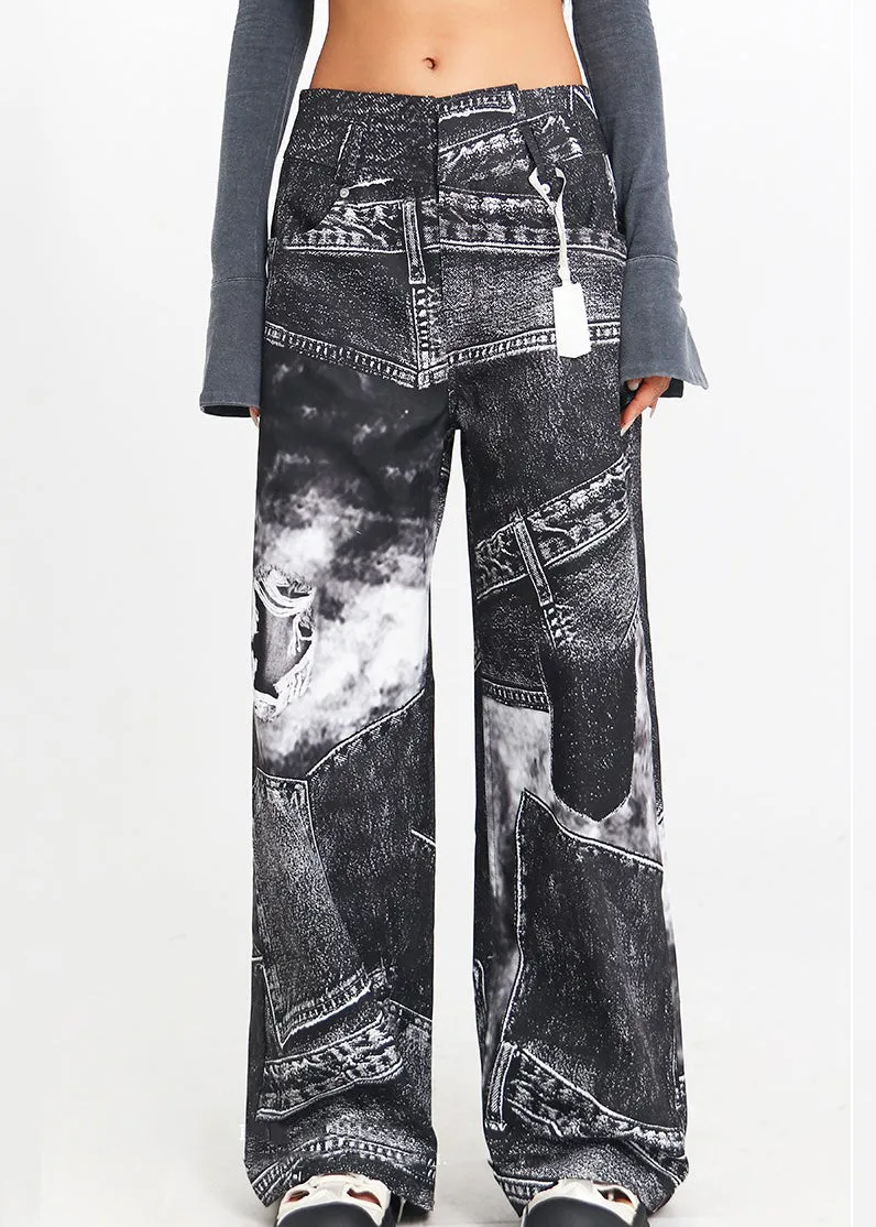 Vintage Black Print High Waist Denim Pants Spring