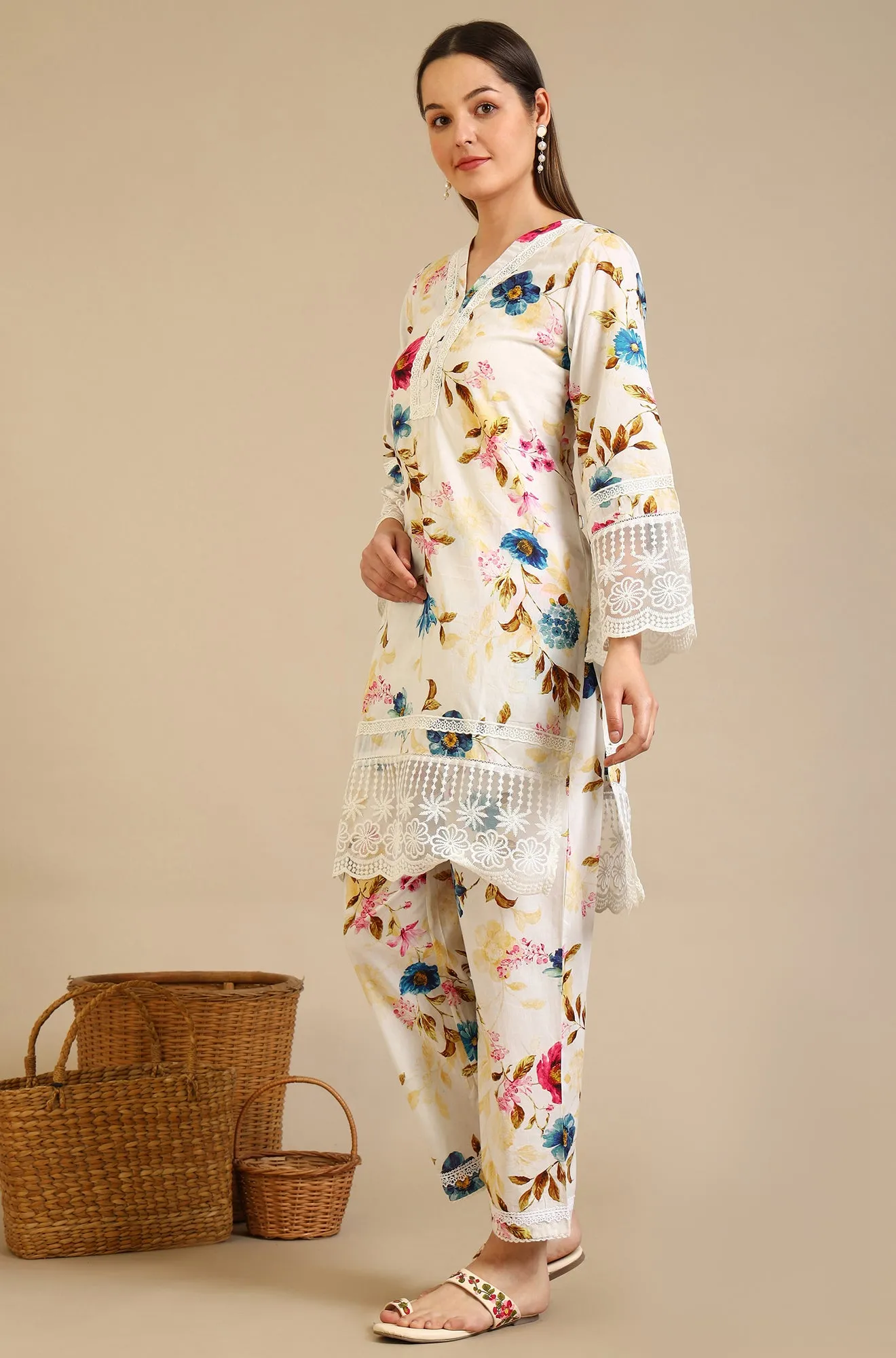 White Floral Printed Lace Polyester Straight Kurta & Trousers & Dupatta