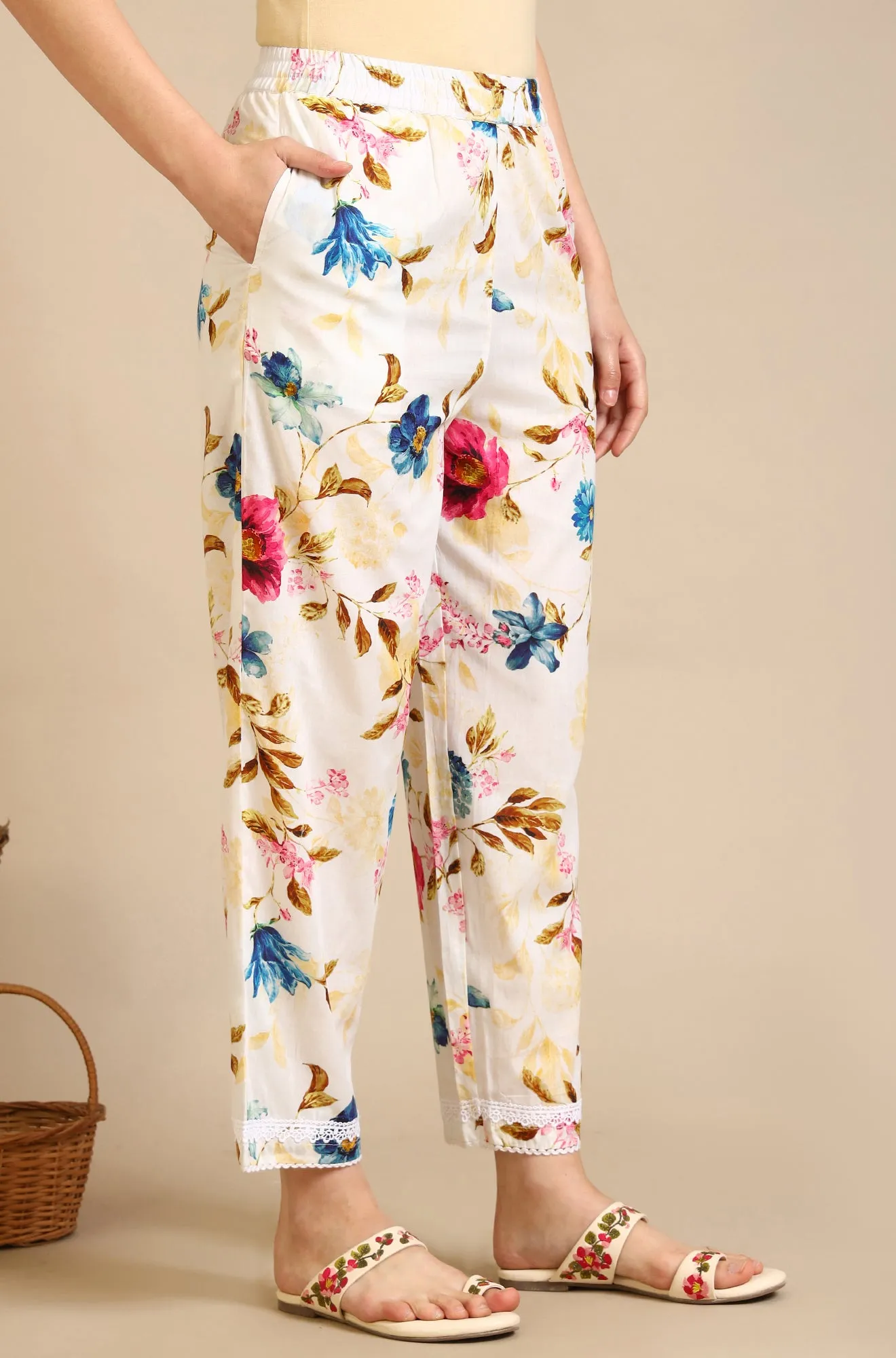 White Floral Printed Lace Polyester Straight Kurta & Trousers & Dupatta