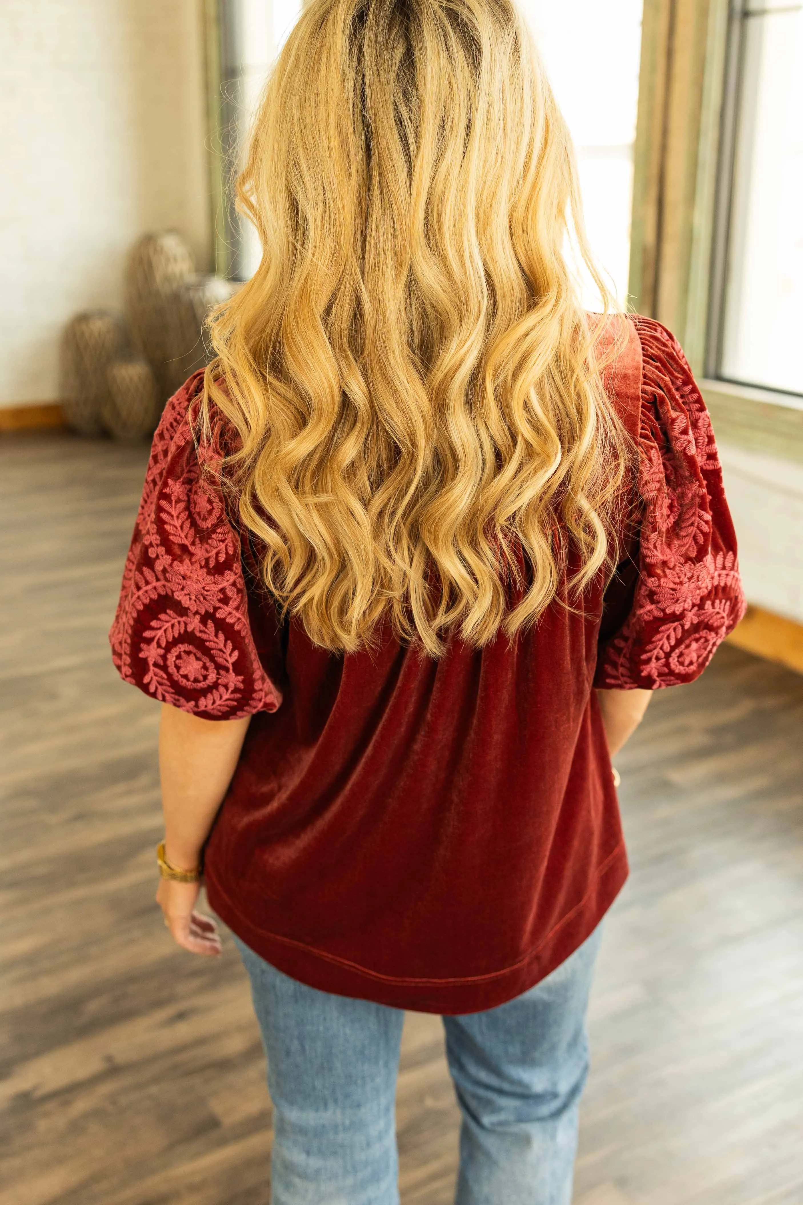WHITNEY PLUS VELVET EMBROIDERED SLEEVE TOP