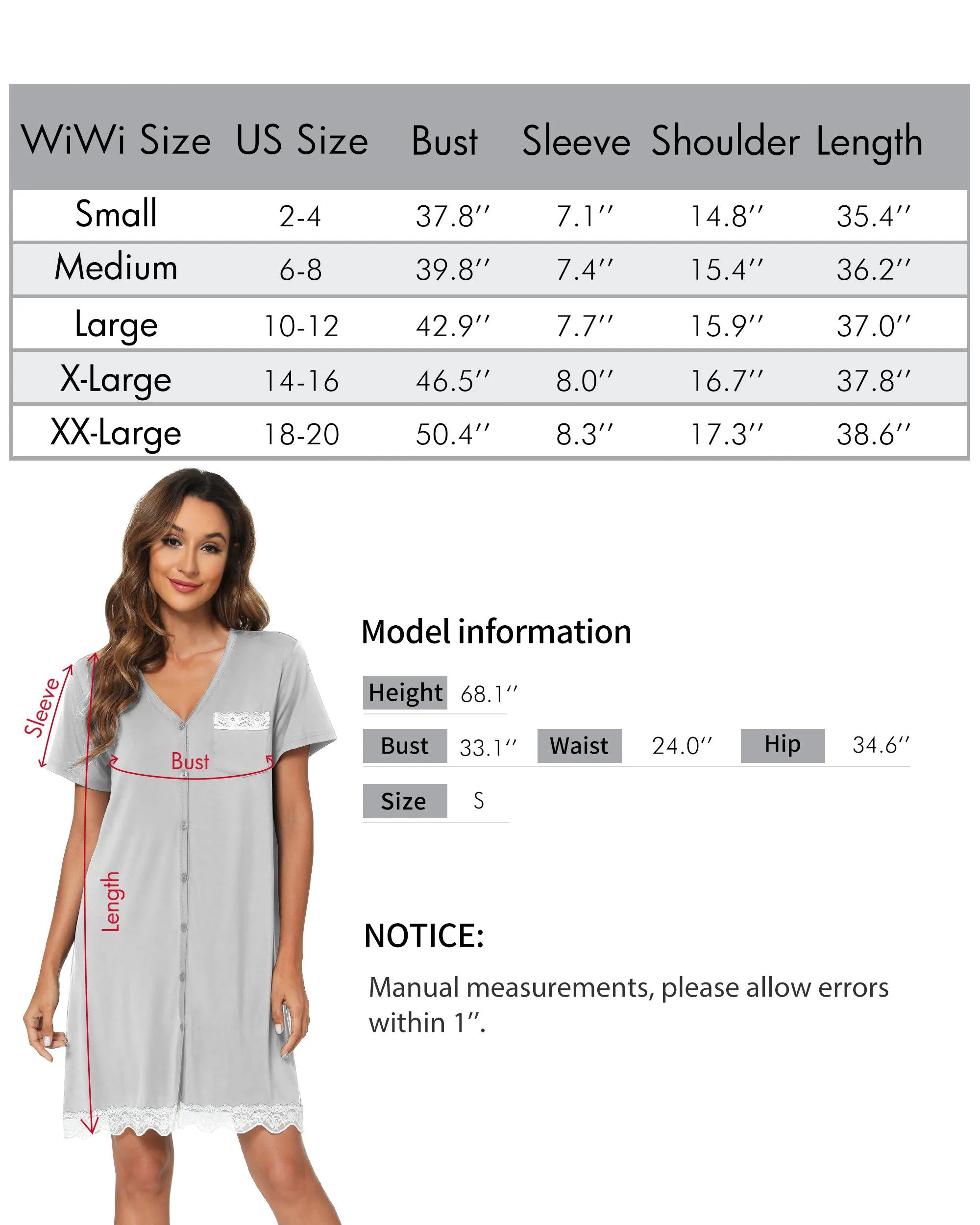 WiWi Bamboo Womens Button Down Nightgowns