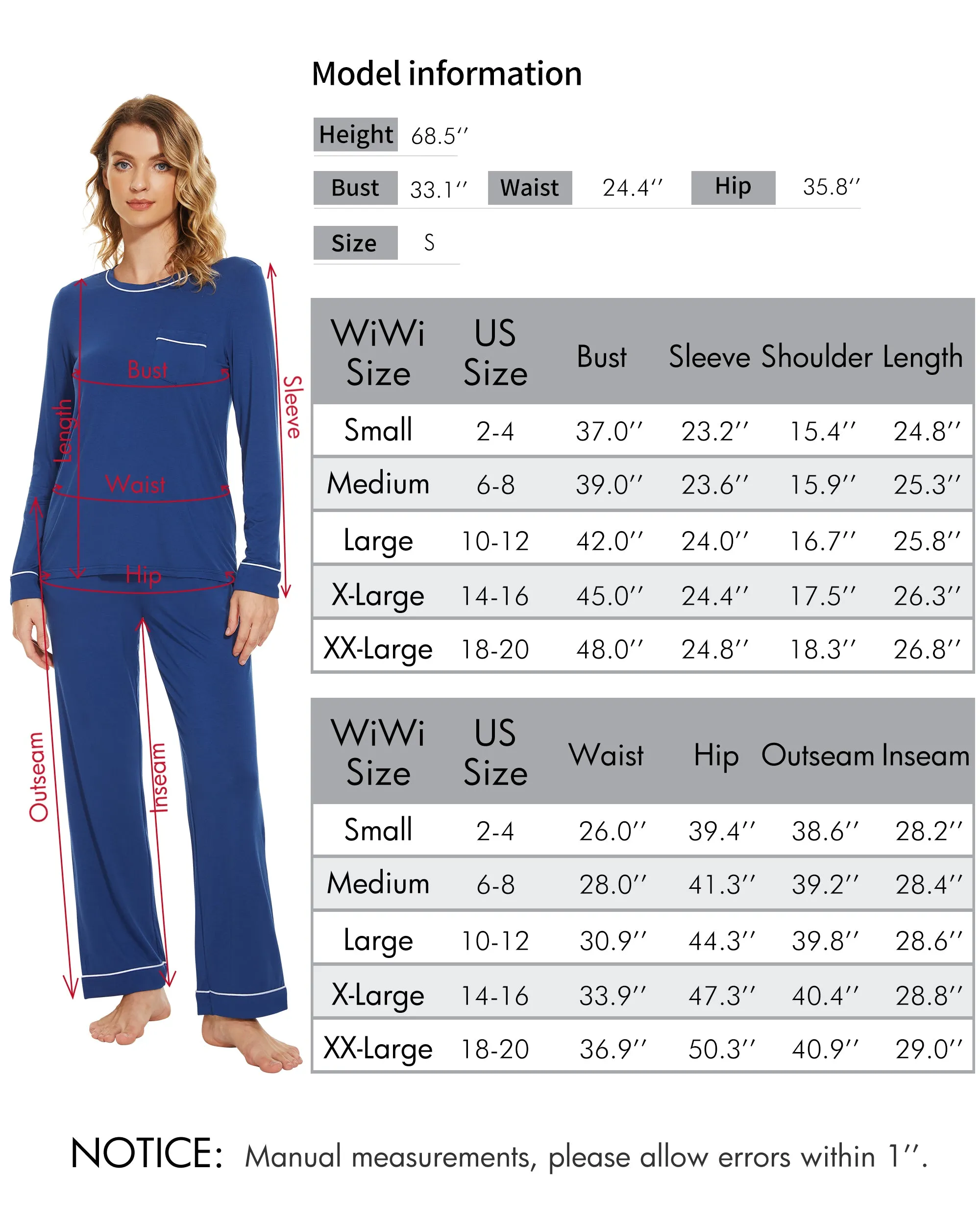 WiWi Women's Bamboo Soft Long Sleeve Sleepwear