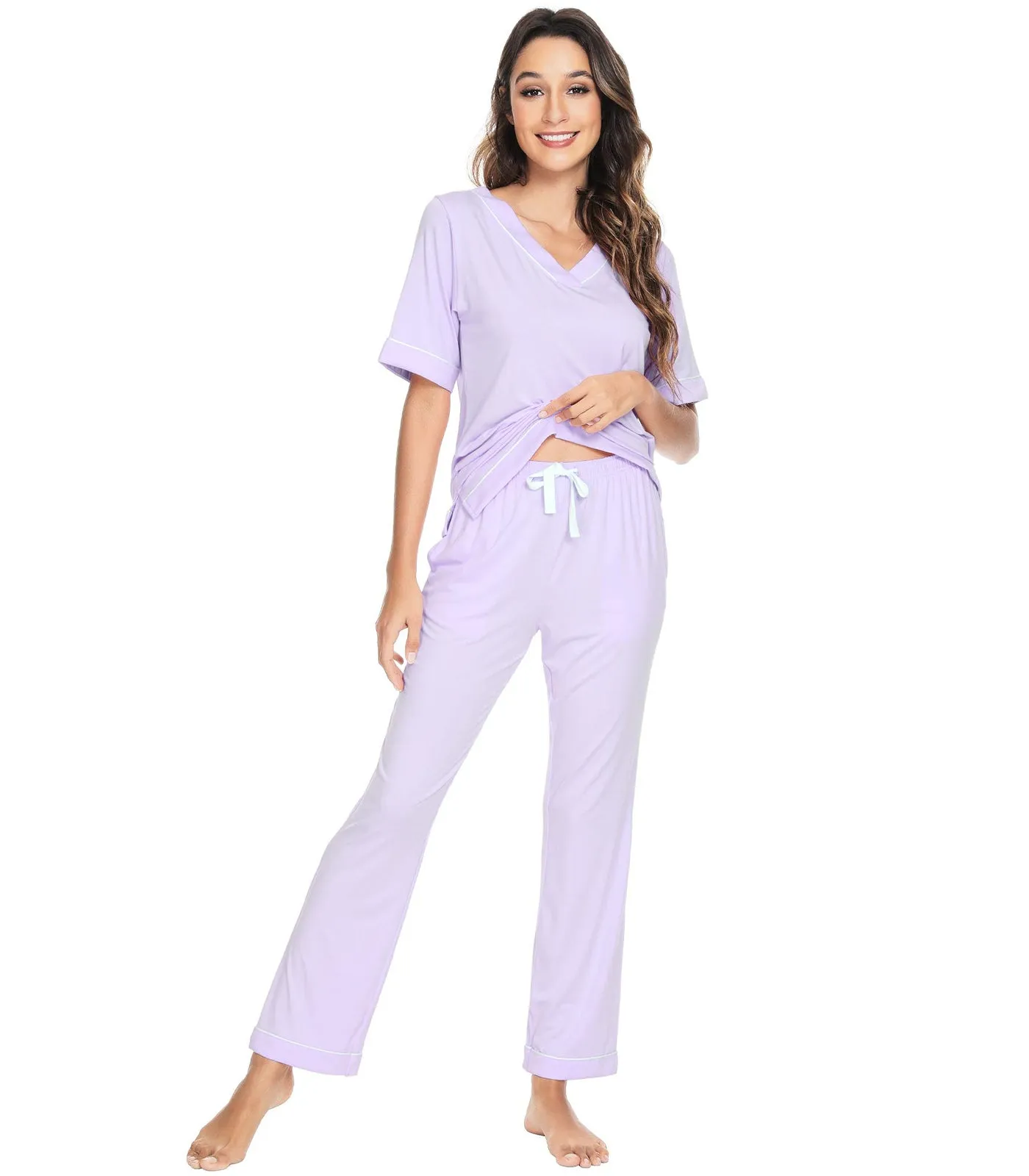 WiWi Women's Soft Short Sleeve Bamboo Pajamas Set