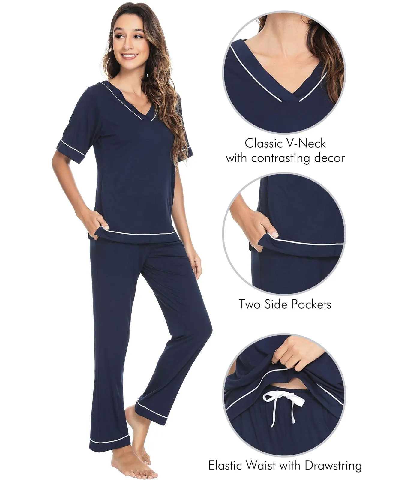 WiWi Women's Soft Short Sleeve Bamboo Pajamas Set