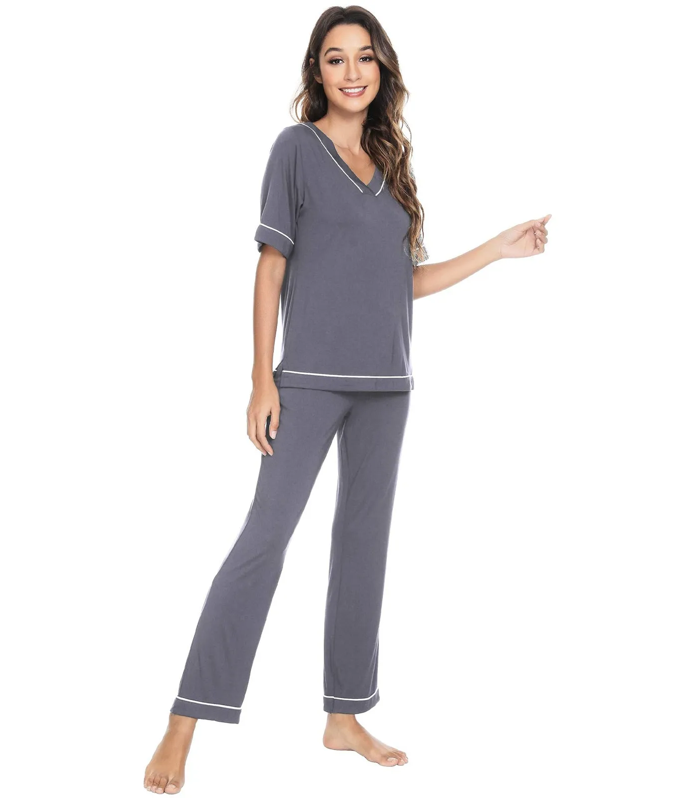 WiWi Women's Soft Short Sleeve Bamboo Pajamas Set