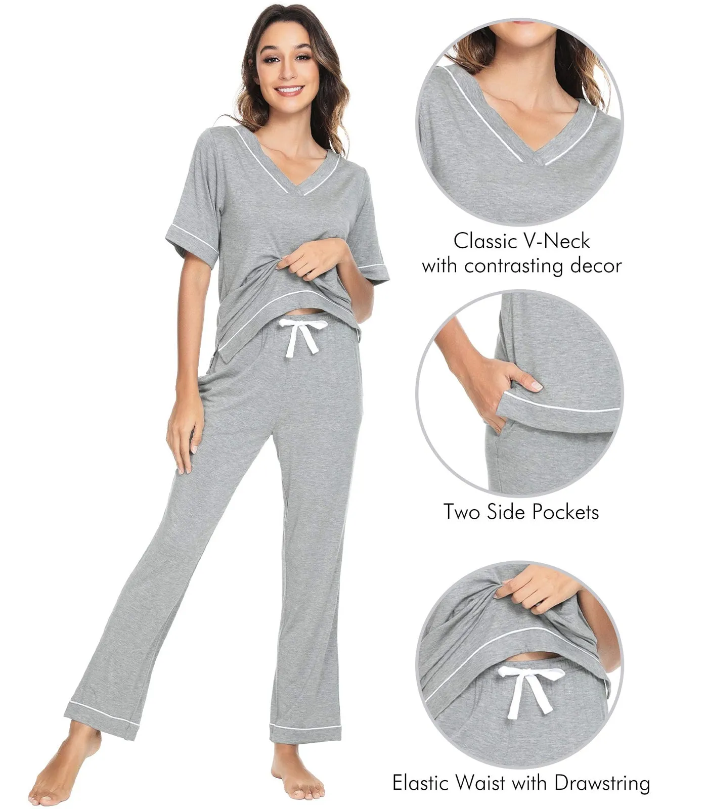 WiWi Women's Soft Short Sleeve Bamboo Pajamas Set