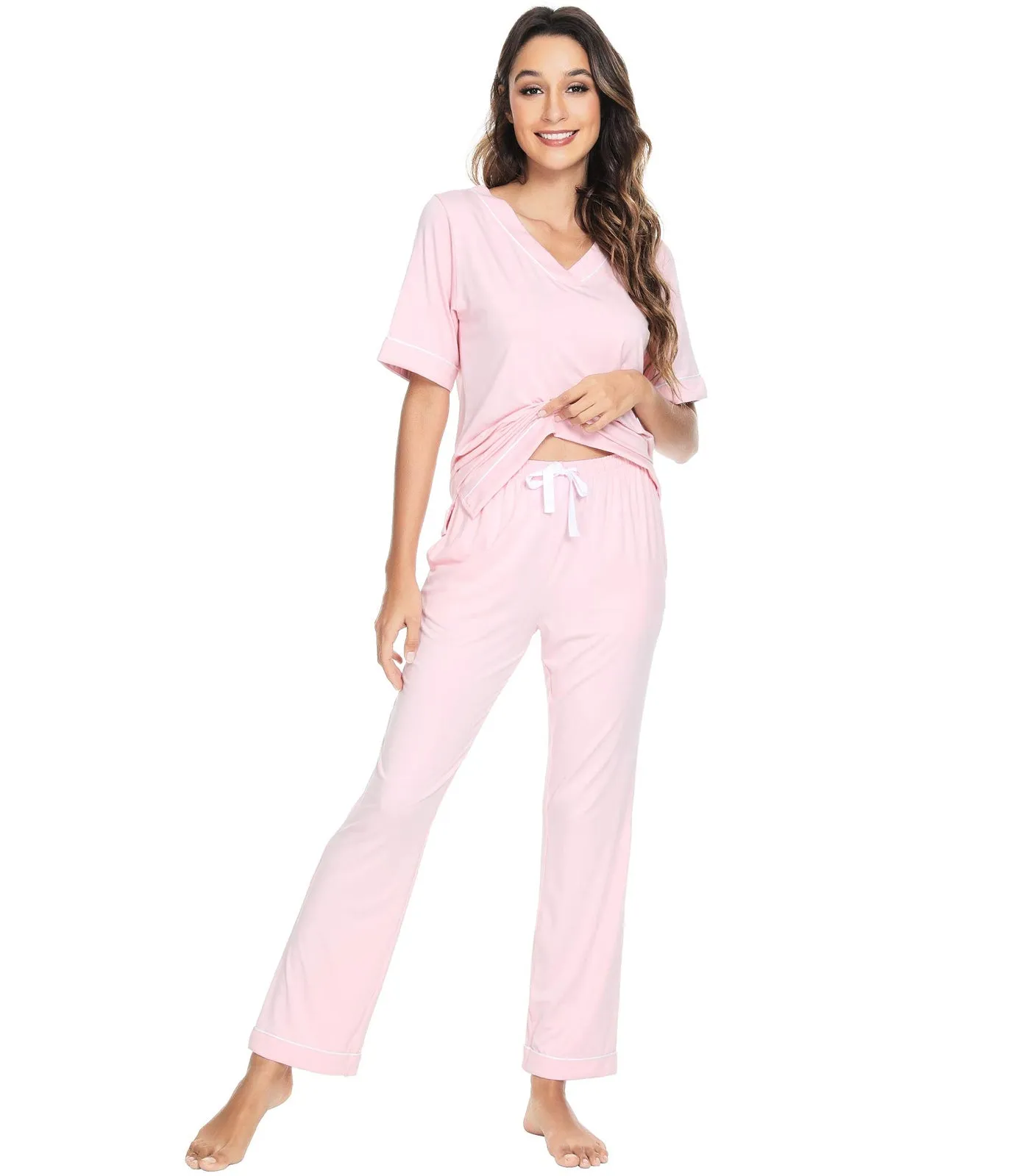WiWi Women's Soft Short Sleeve Bamboo Pajamas Set