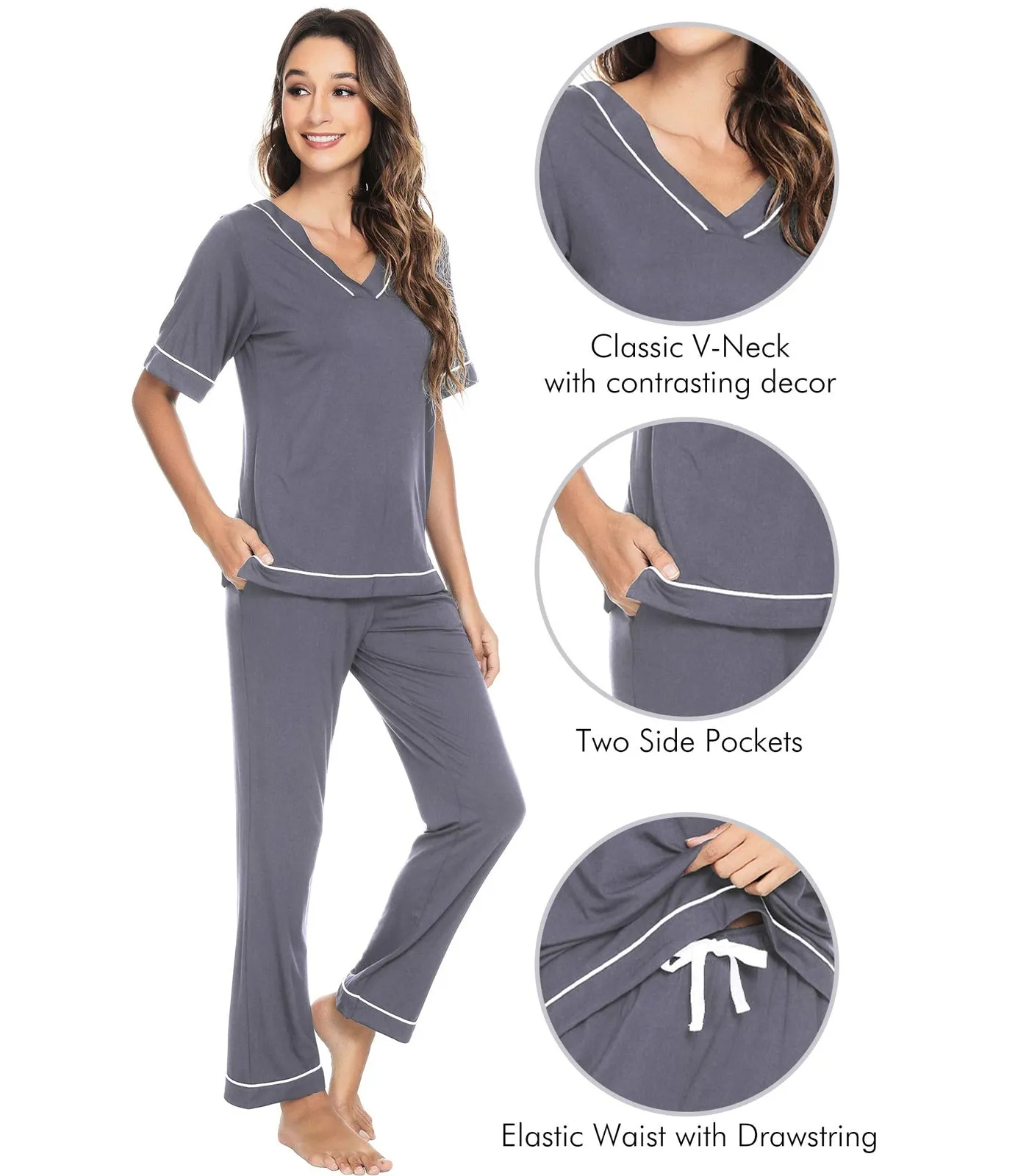 WiWi Women's Soft Short Sleeve Bamboo Pajamas Set