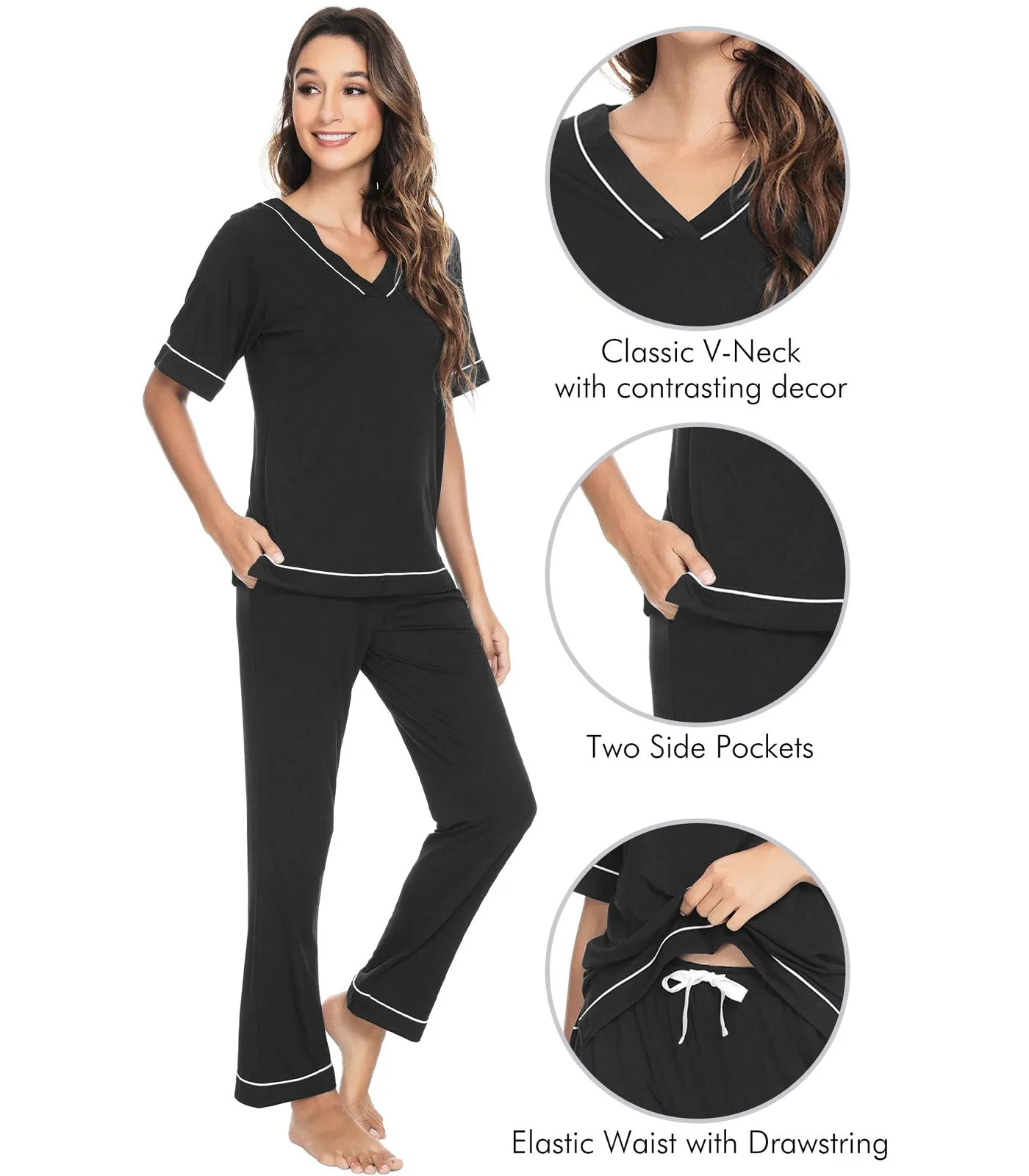 WiWi Women's Soft Short Sleeve Bamboo Pajamas Set