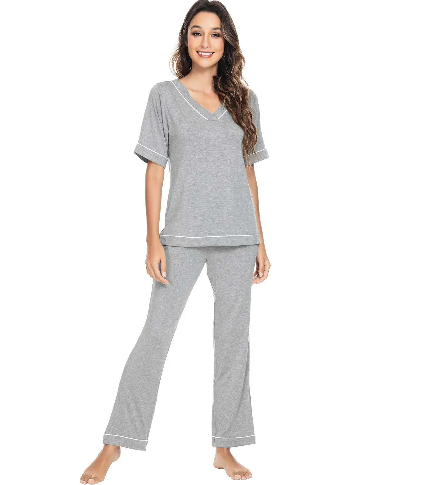 WiWi Women's Soft Short Sleeve Bamboo Pajamas Set