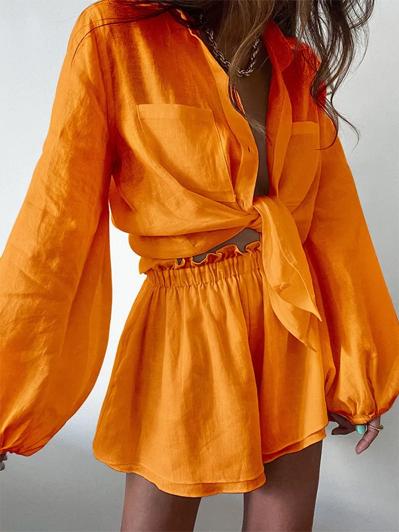 Women Bohemian Shorts W/Loose Fit Blouse Set