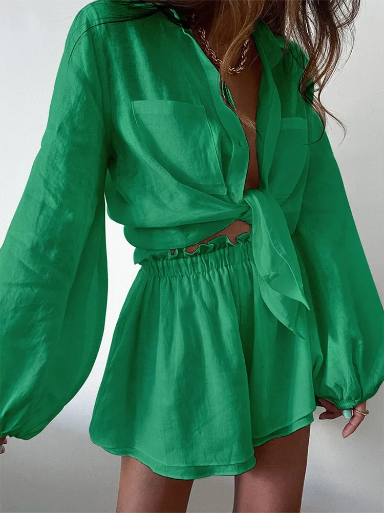 Women Bohemian Shorts W/Loose Fit Blouse Set