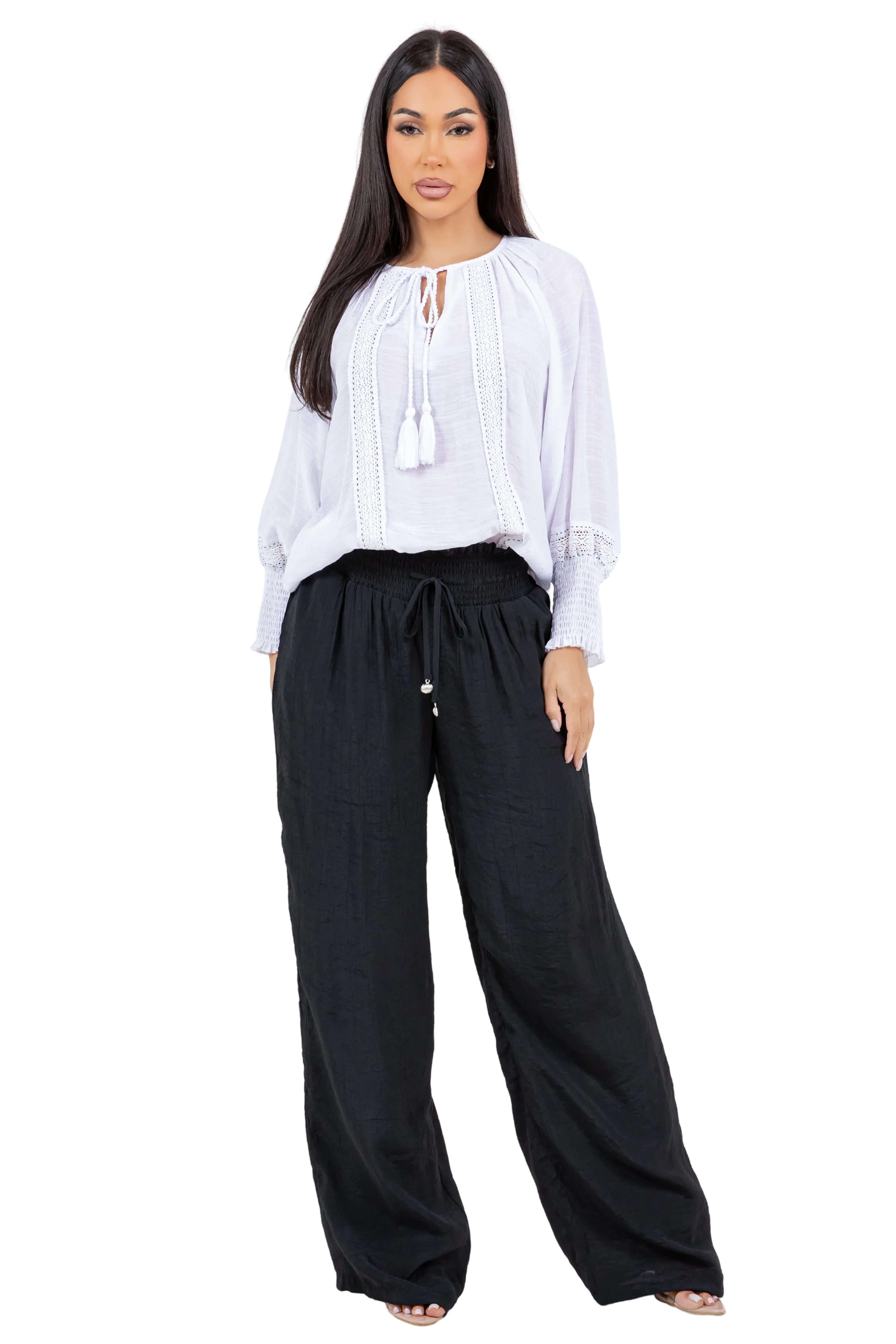Women's Casual Resort Wear Boho Tassel Peasant Blouse with Lace Trim and Smocked Sleeves