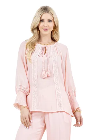 Women's Casual Resort Wear Boho Tassel Peasant Blouse with Lace Trim and Smocked Sleeves
