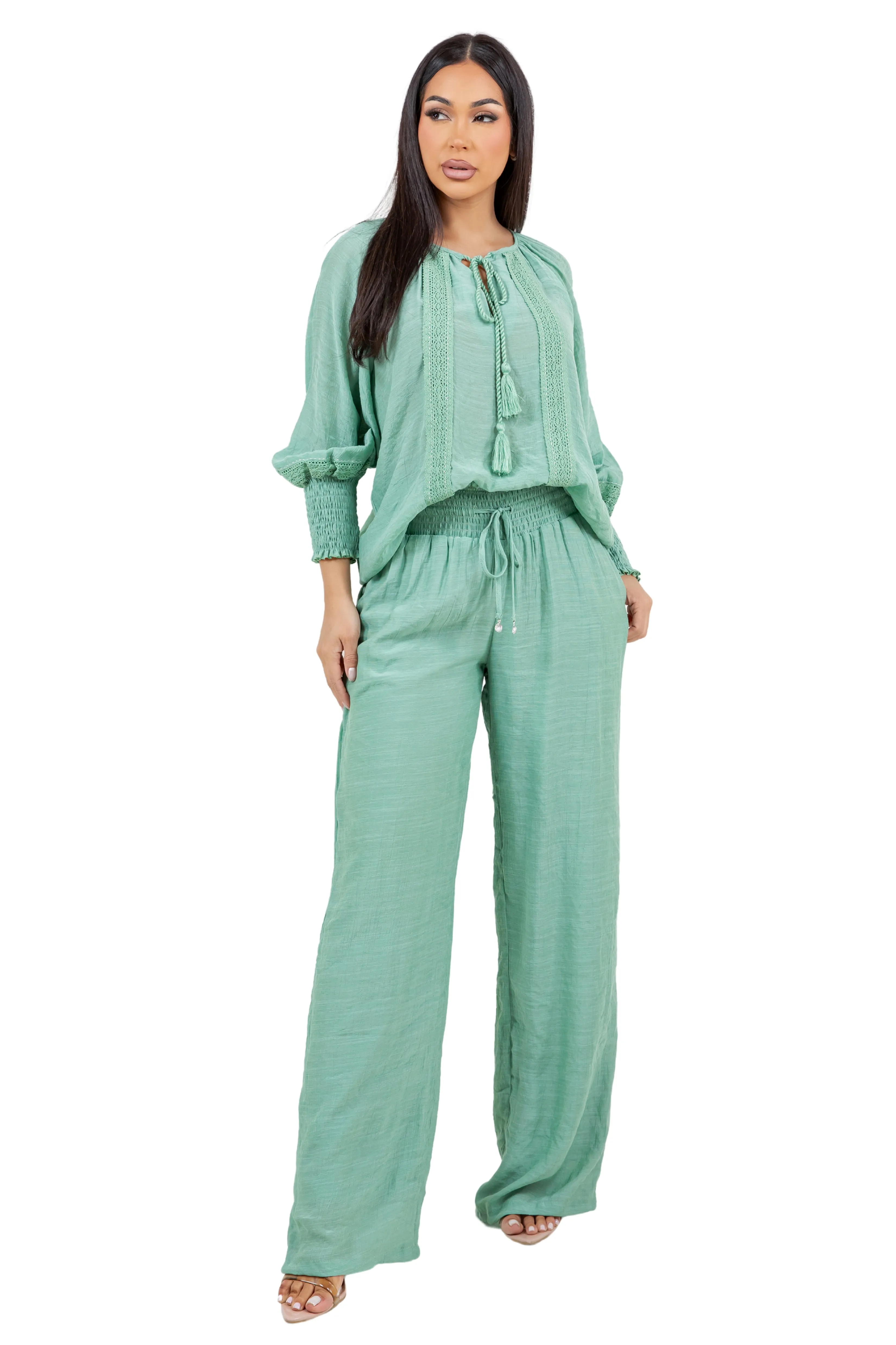 Women's Casual Resort Wear Boho Tassel Peasant Blouse with Lace Trim and Smocked Sleeves