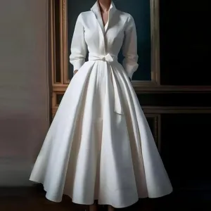 Women's Elegant White Stand Collar Dress